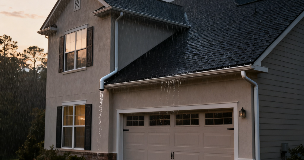Heavy rain falling on a Georgia-style home roof and gutters
