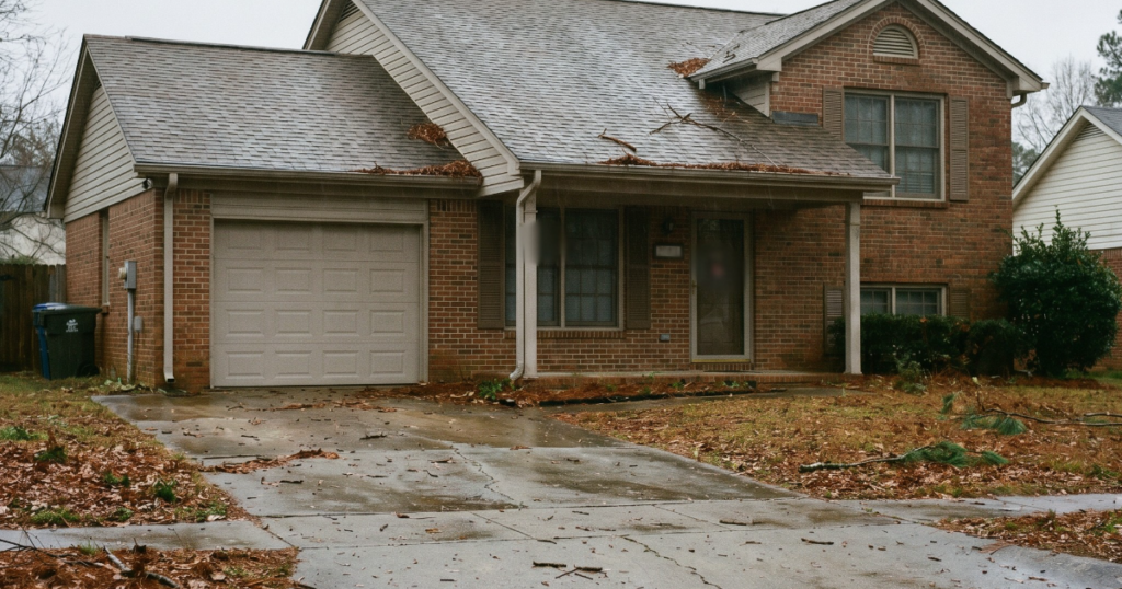 Georgia home exterior after heavy rain and wind, used for storm damage check tips.