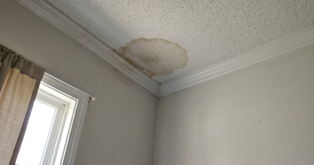 Ceiling water stain in a Georgia home, used for claim-worthy damage check tips.