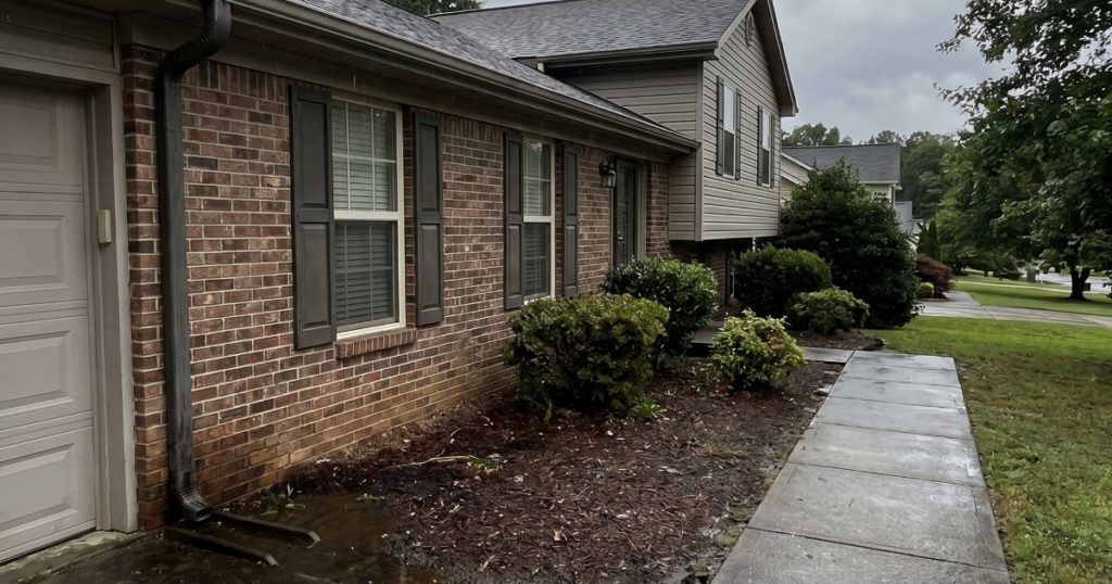 Georgia home exterior after heavy rain, used for water collection and storm damage check tips.