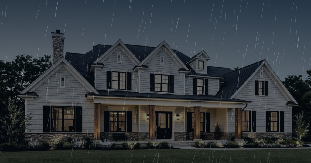 Rain and storm clouds over a residential roof for a weather-related water damage claim article