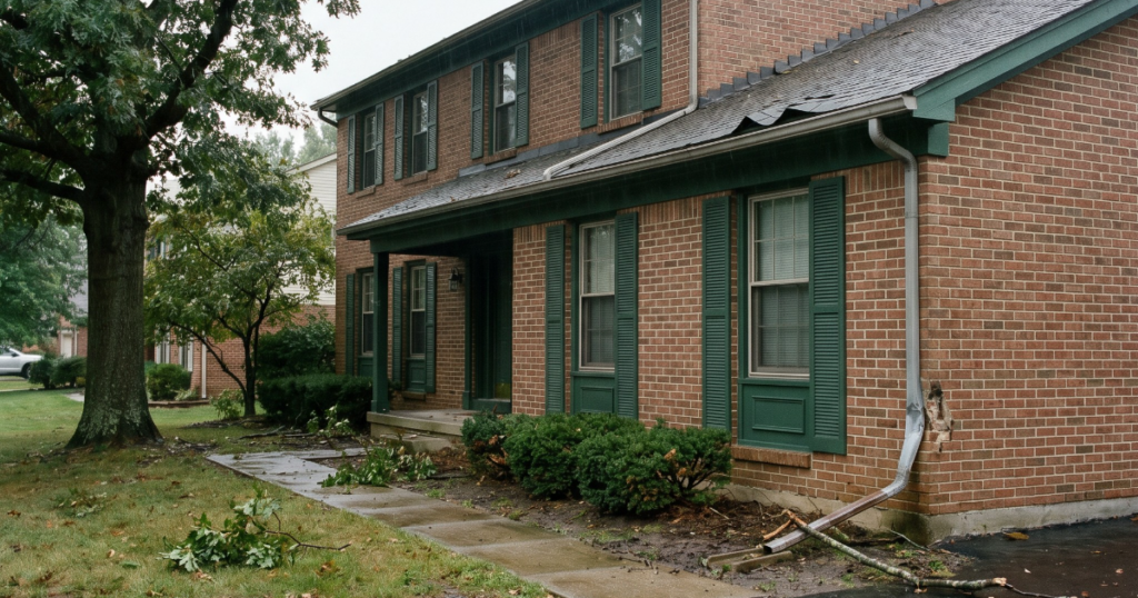 Well-kept Georgia home after a thunderstorm with visible tree debris, lifted shingles, and gutter damage for exterior storm claim documentation.