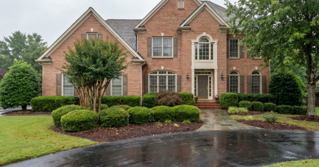 Well-kept Georgia home exterior after rain for property insurance claim estimate review.