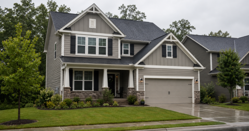 Newer Georgia craftsman-style home after rain for a post-storm peace-of-mind exterior and policy review.