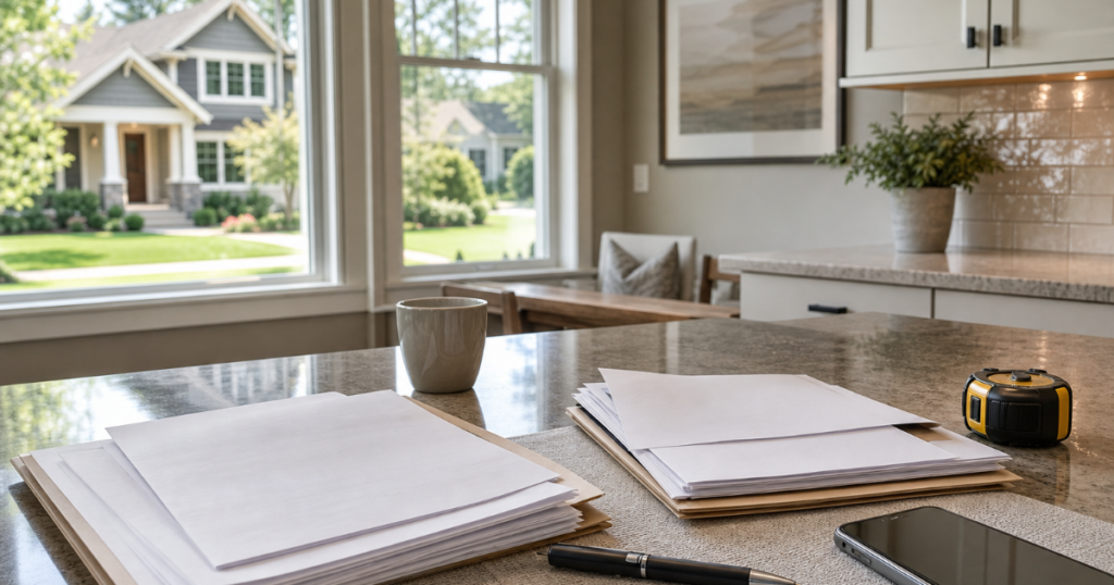 Insurance estimate and policy review documents on a kitchen counter inside a newer Georgia craftsman-style home.