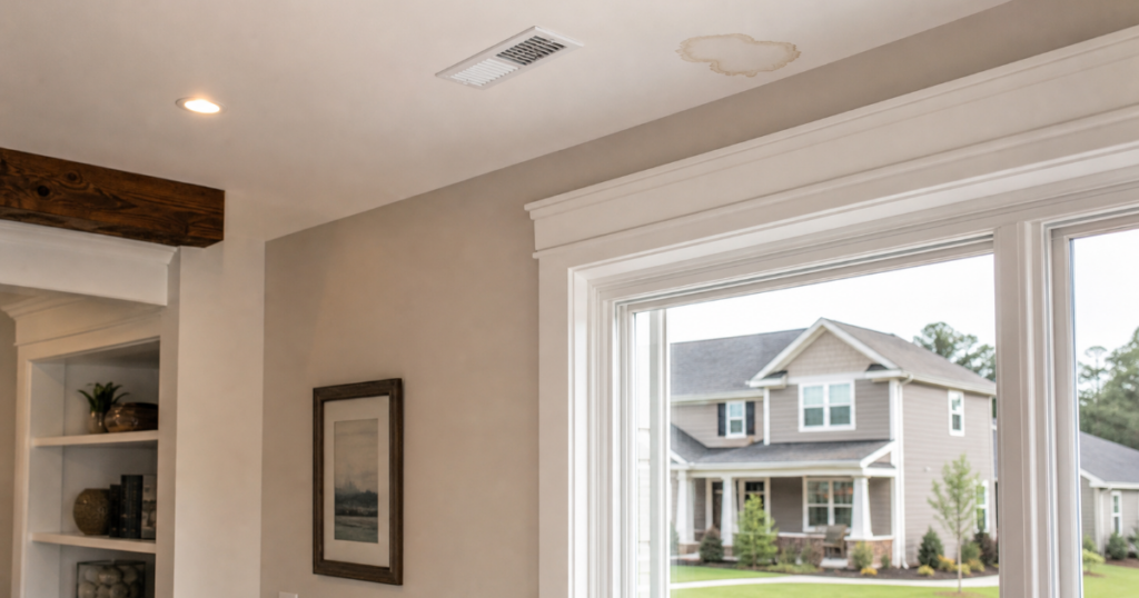 Small ceiling water stain inside a clean newer Georgia suburban home with neutral exterior visible through a window.