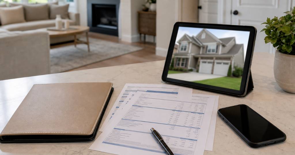 Insurance estimate and policy review desk setup in a clean newer Georgia suburban home.