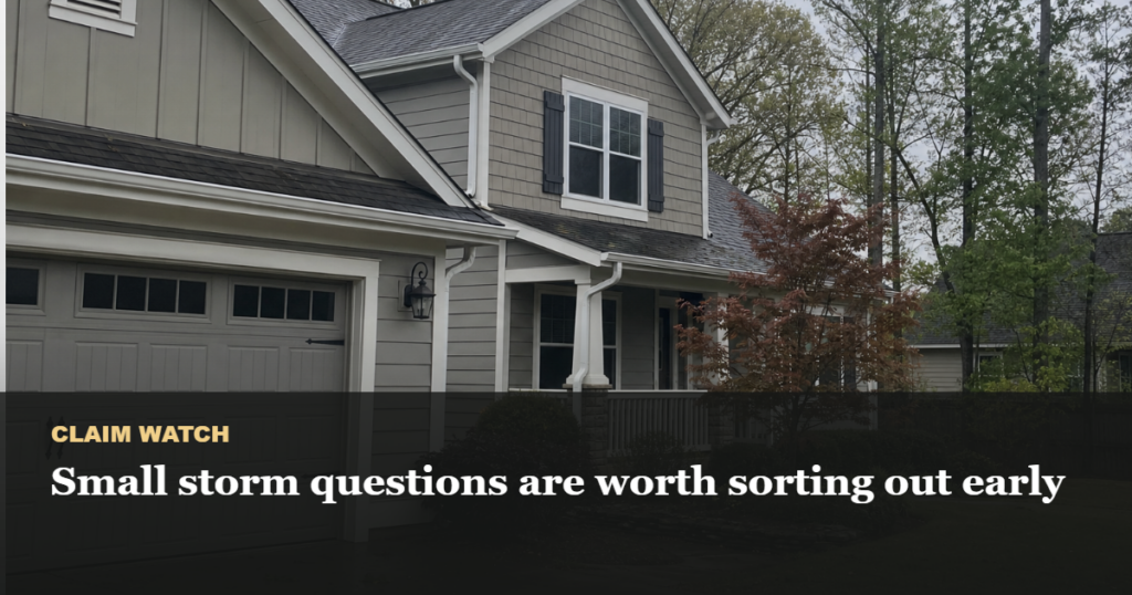 Gray Georgia suburban home exterior after rain, used for storm question documentation guidance