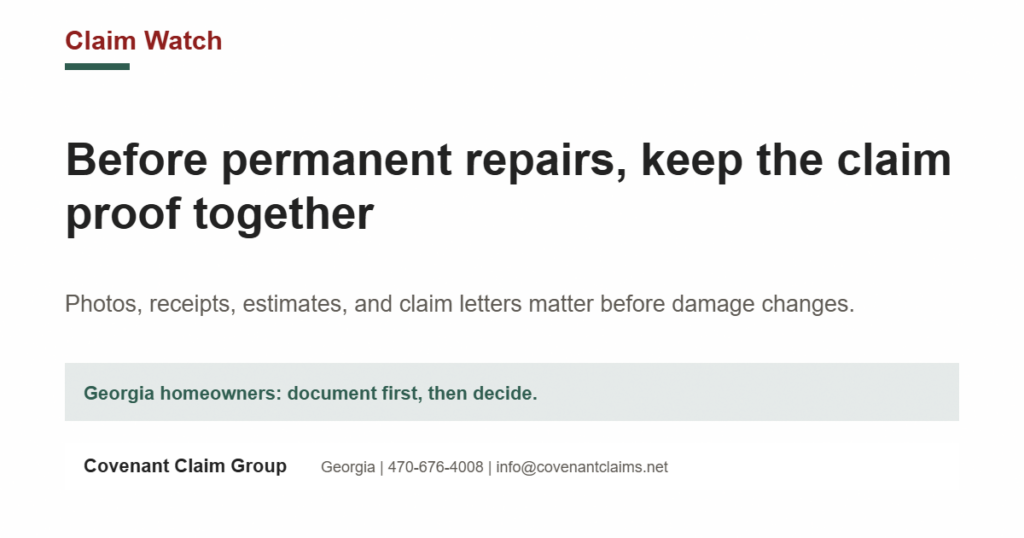 Covenant Claim Group title card about keeping claim proof before permanent repairs.