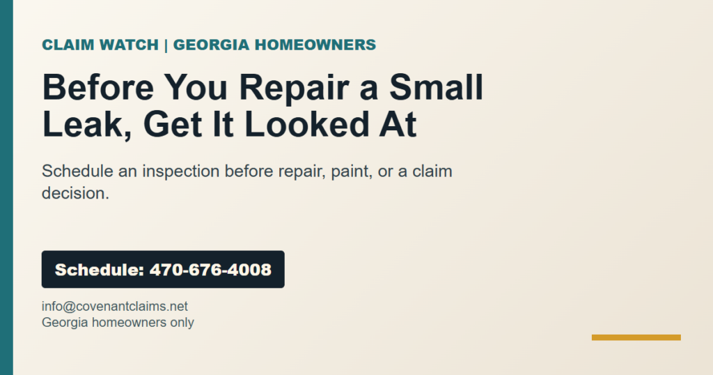 Covenant Claim Group inspection scheduling information card for Georgia homeowners with a small leak or stain concern.