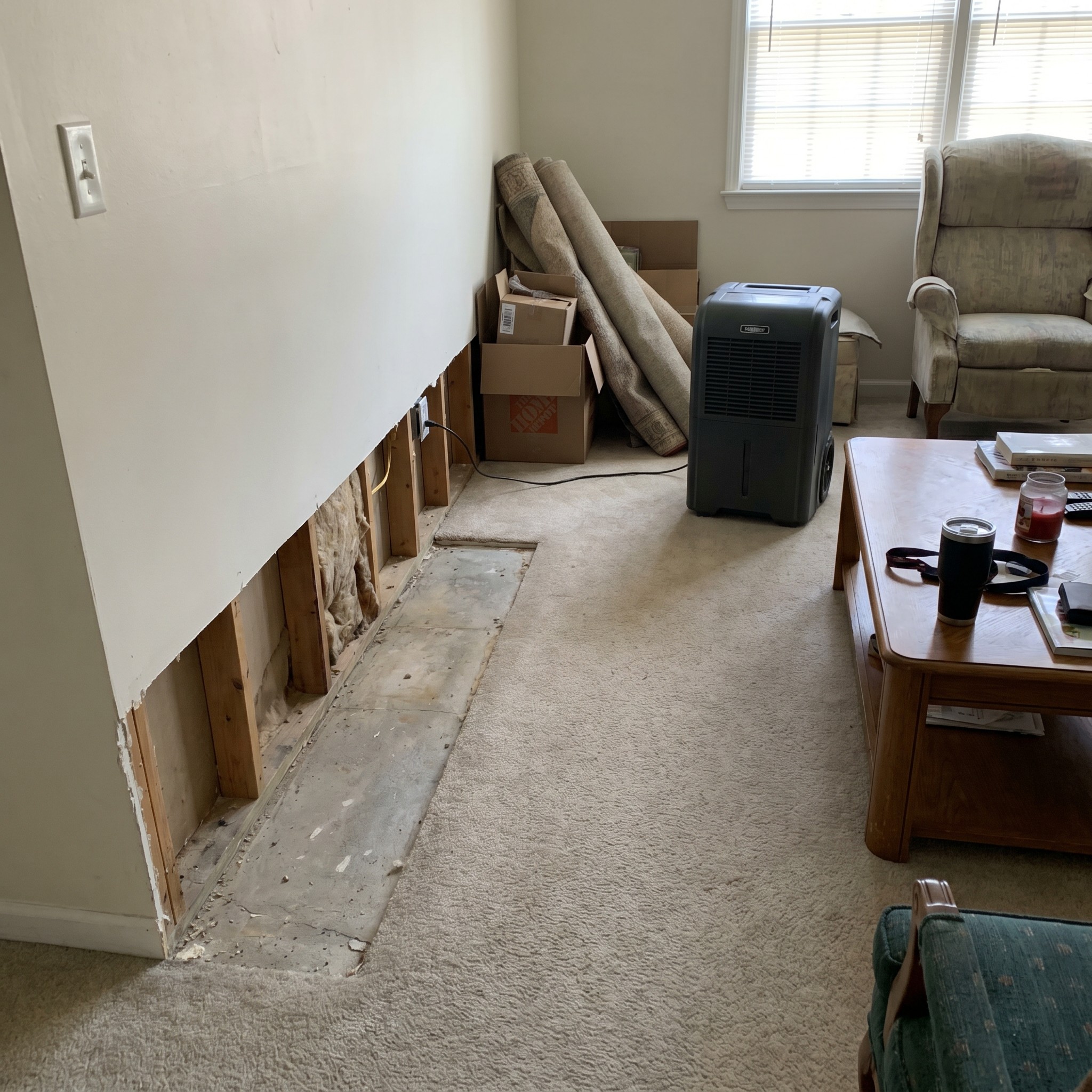 Water mitigation repair area with lower drywall and baseboard removed in a Georgia home