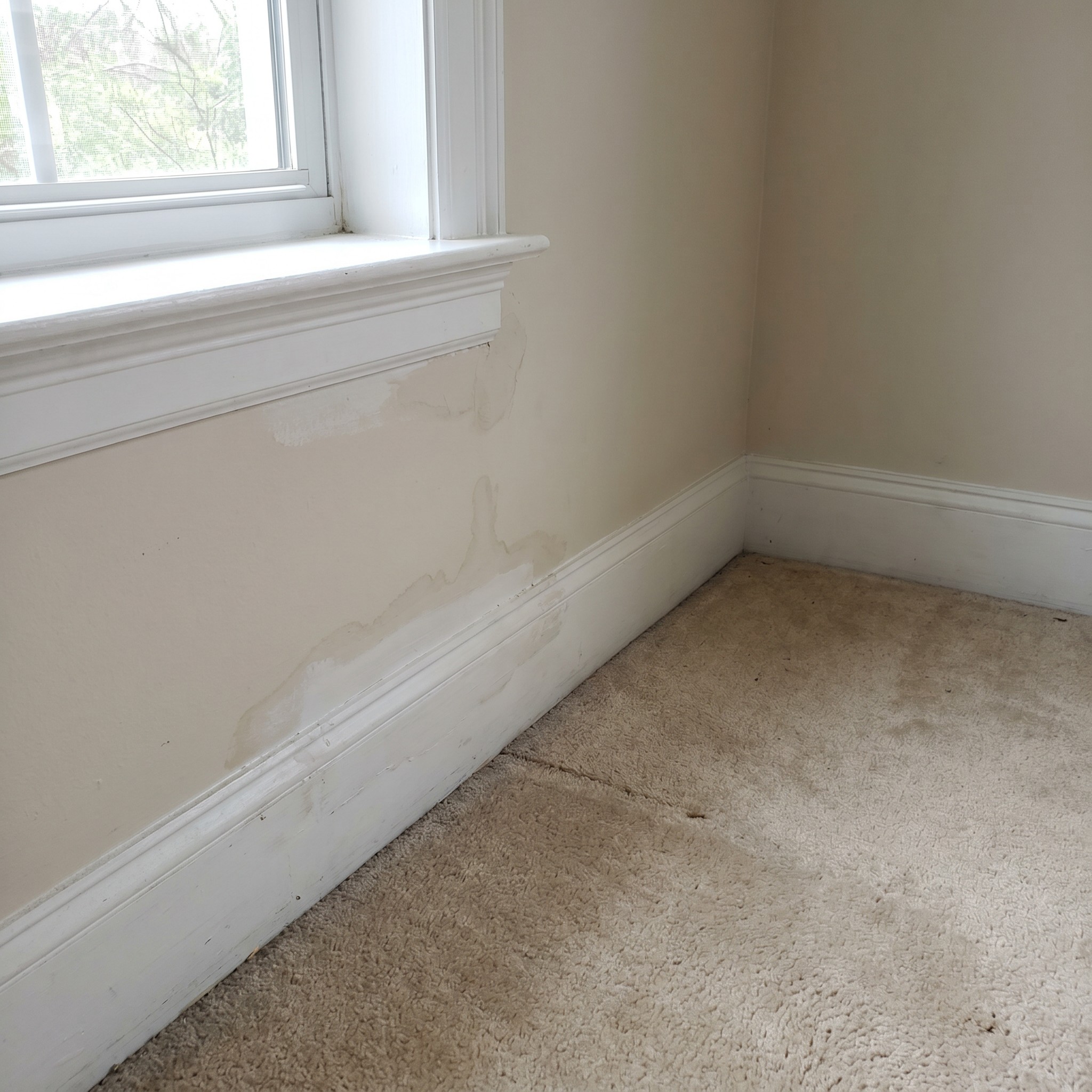 Subtle lower drywall and baseboard water staining in a Georgia home repair area