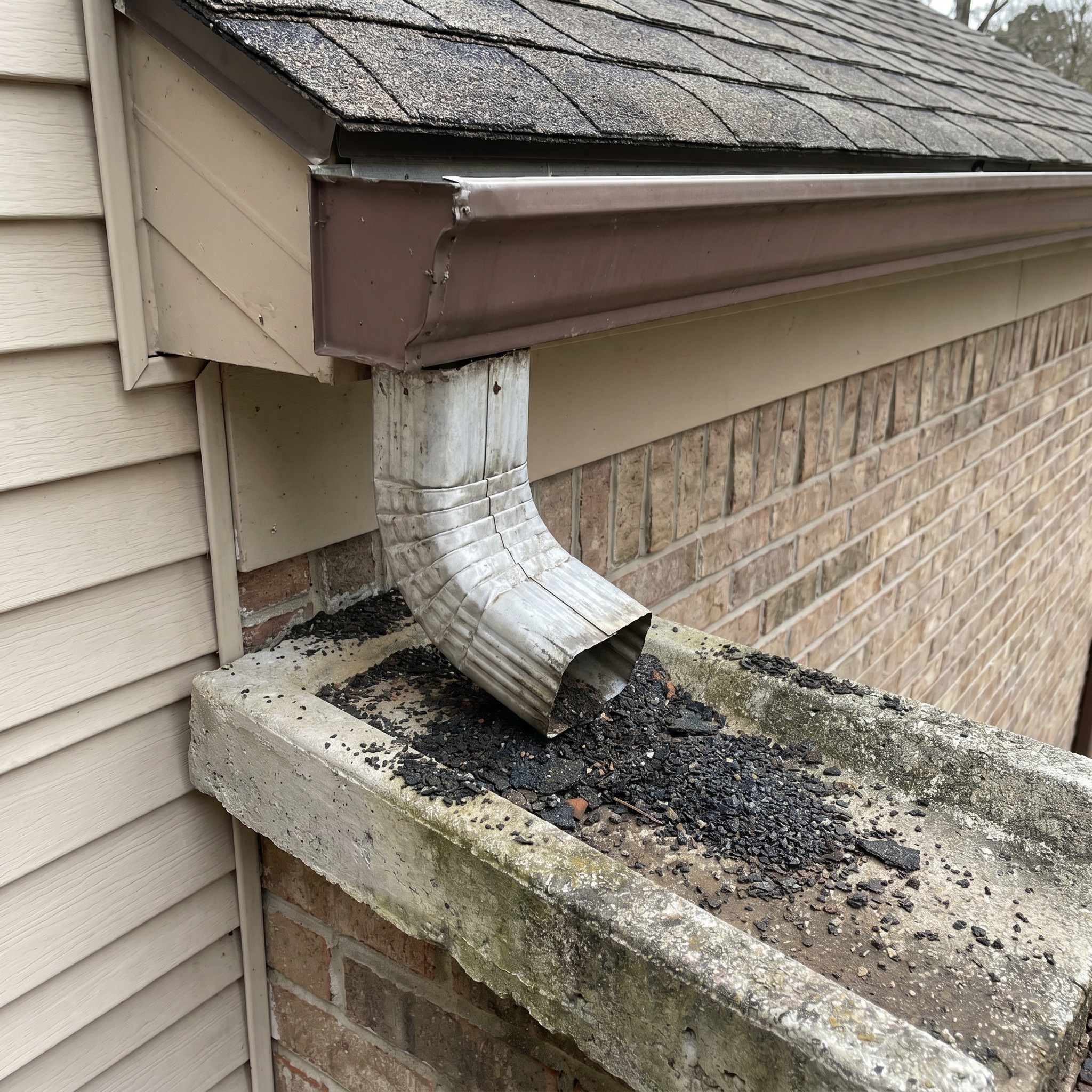 Asphalt shingle granules collected near a gutter downspout at a Georgia home