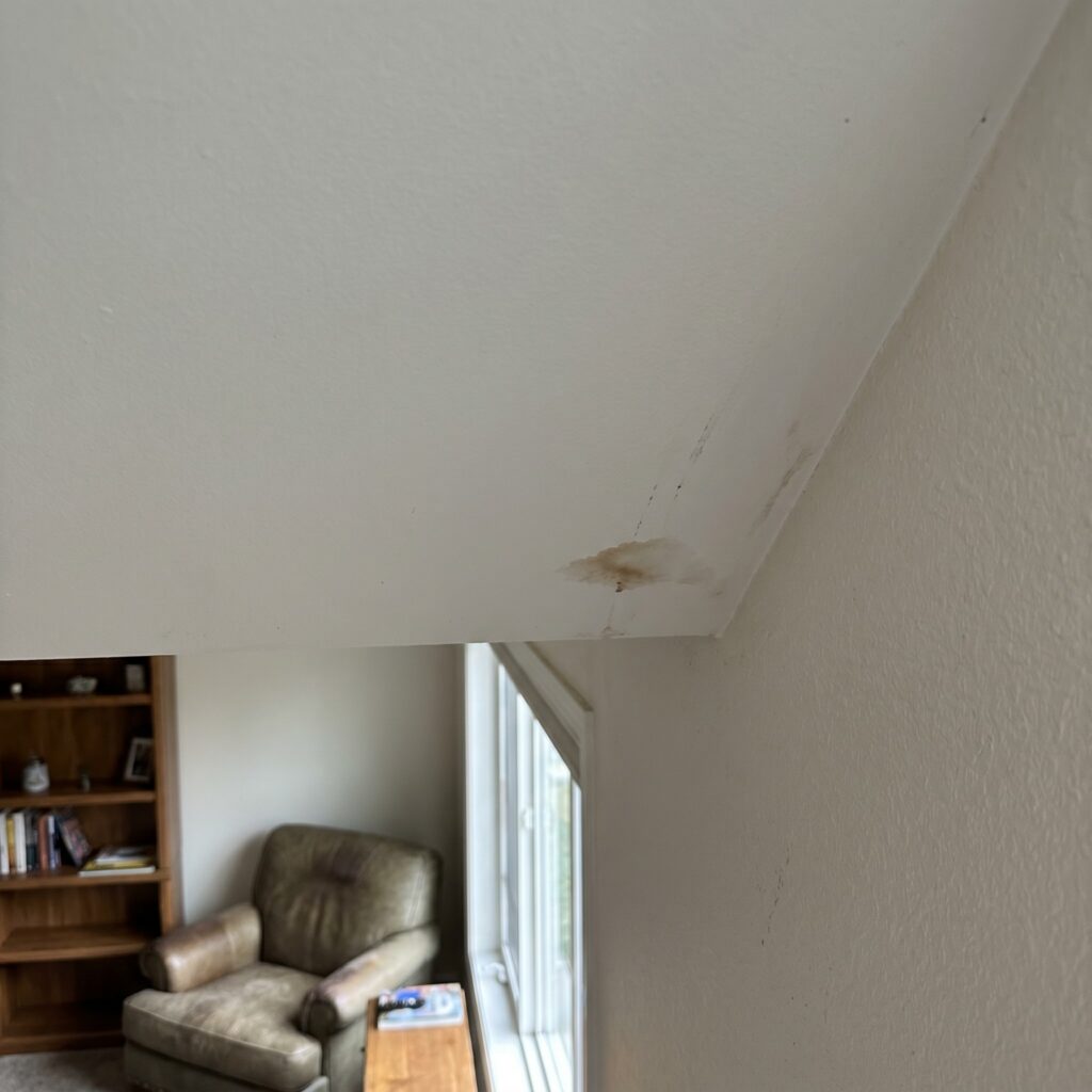 Small brown water stain on a white drywall ceiling inside a Georgia home