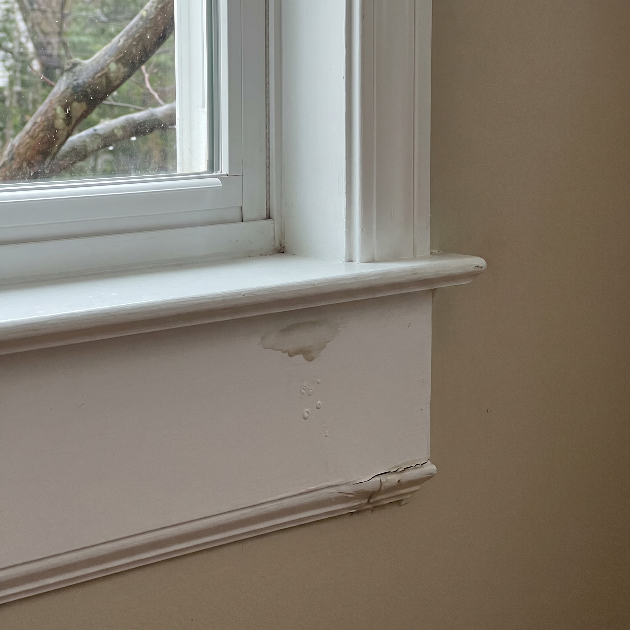 Subtle water staining under a window trim inside a Georgia home