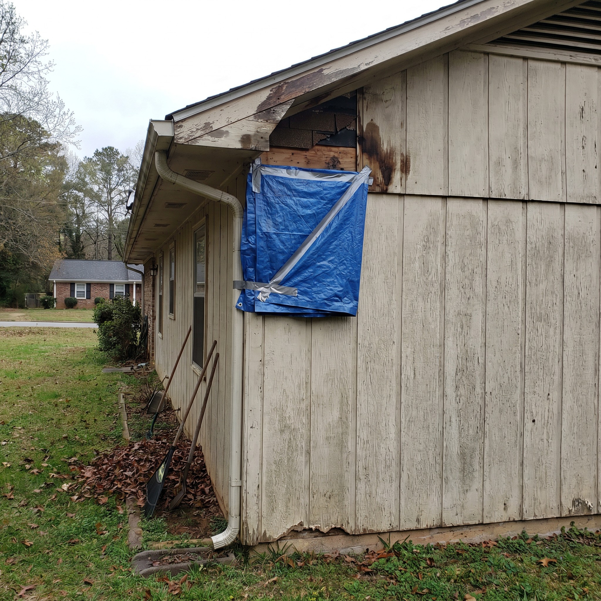 Temporary tarp and exterior repair area on a Georgia home