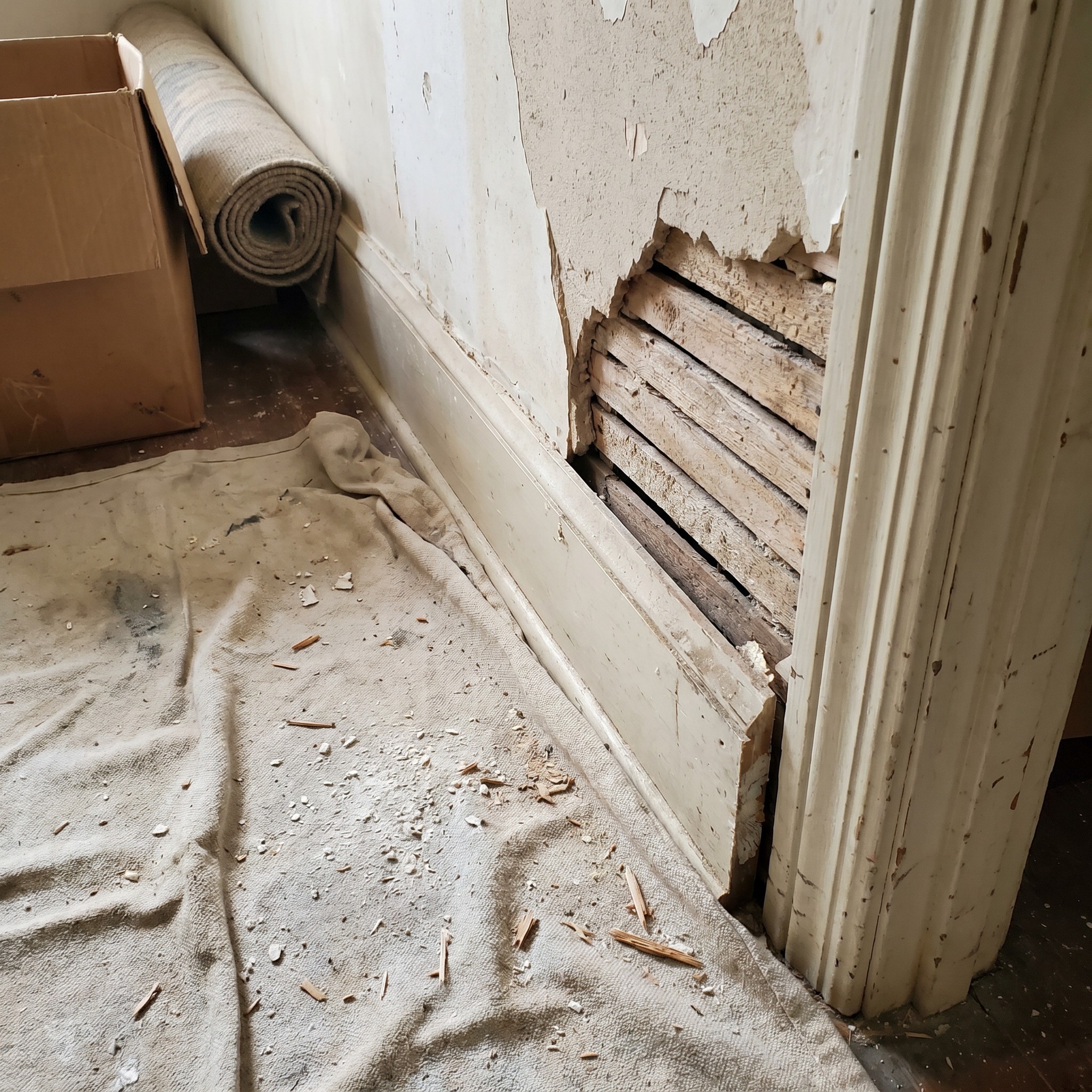 Partially opened interior wall and repair area before permanent work starts