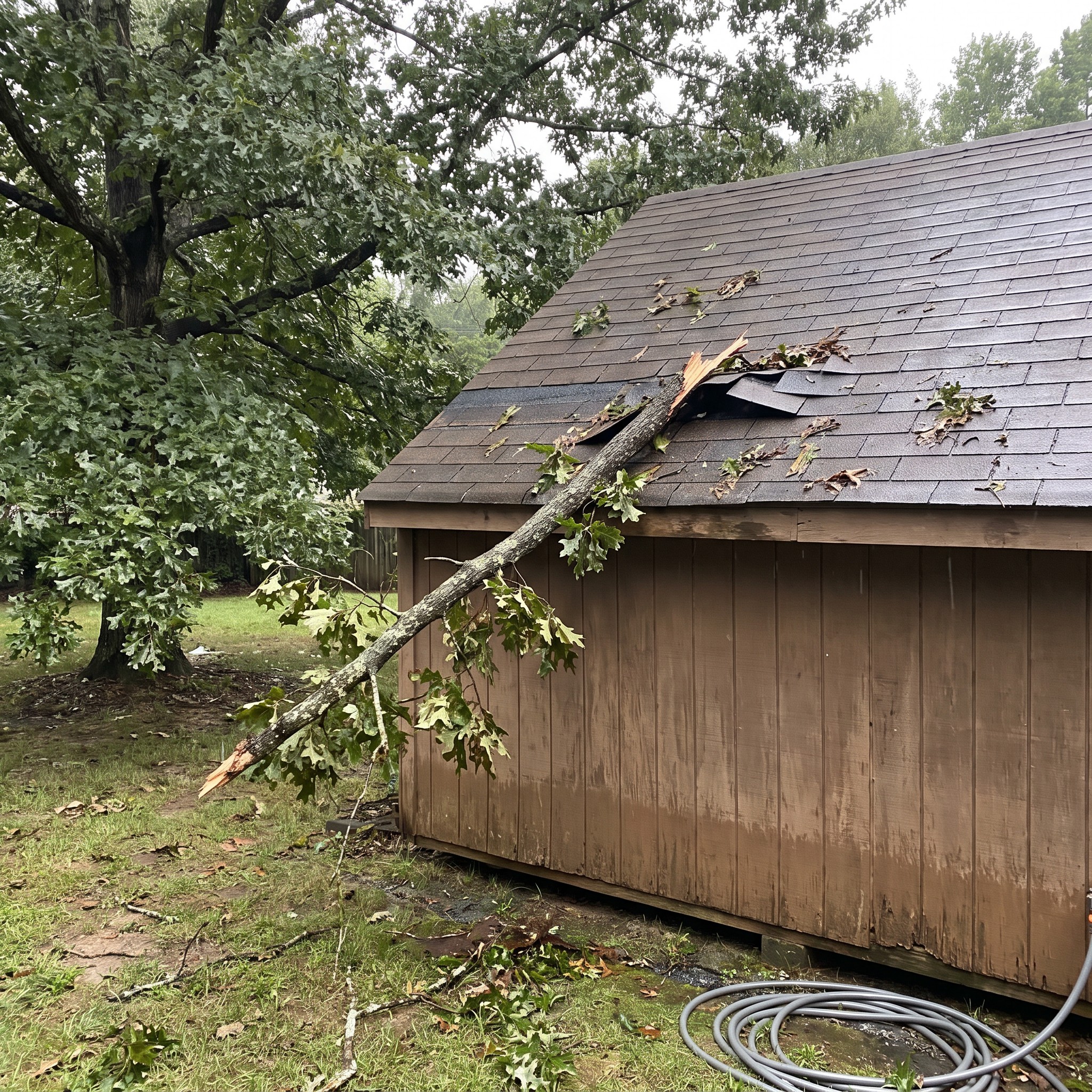 A fallen tree limb resting against a detached shed roof after recent storms