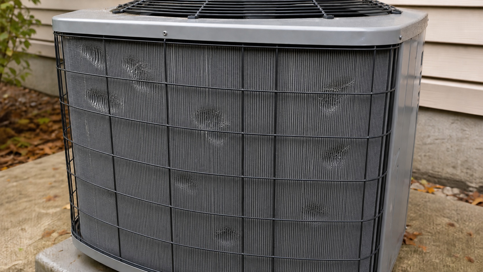 Residential outdoor air-conditioning condenser with a localized pattern of bent and flattened coil fins.