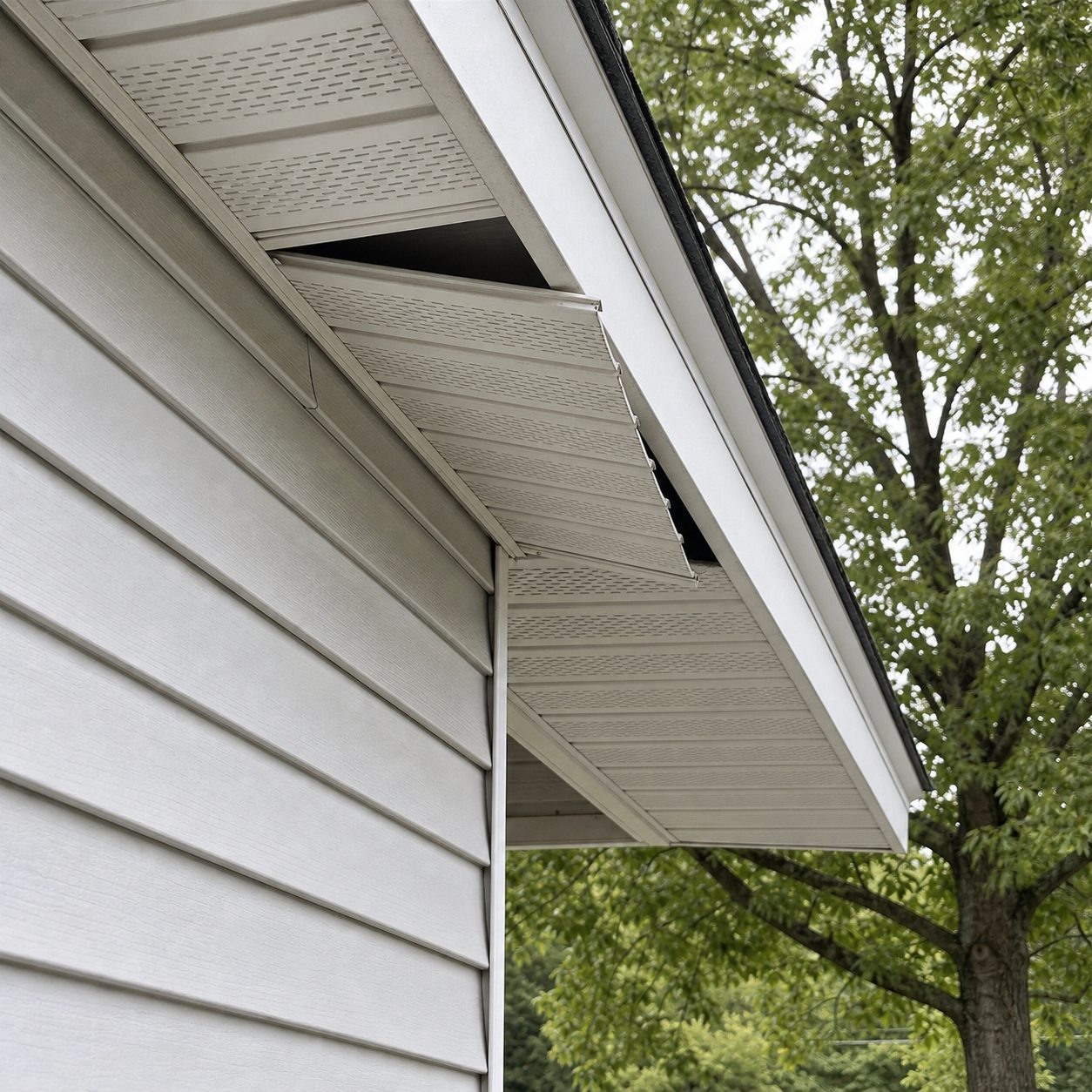 Structurally attached roof eave with loose soffit panels after recent storms