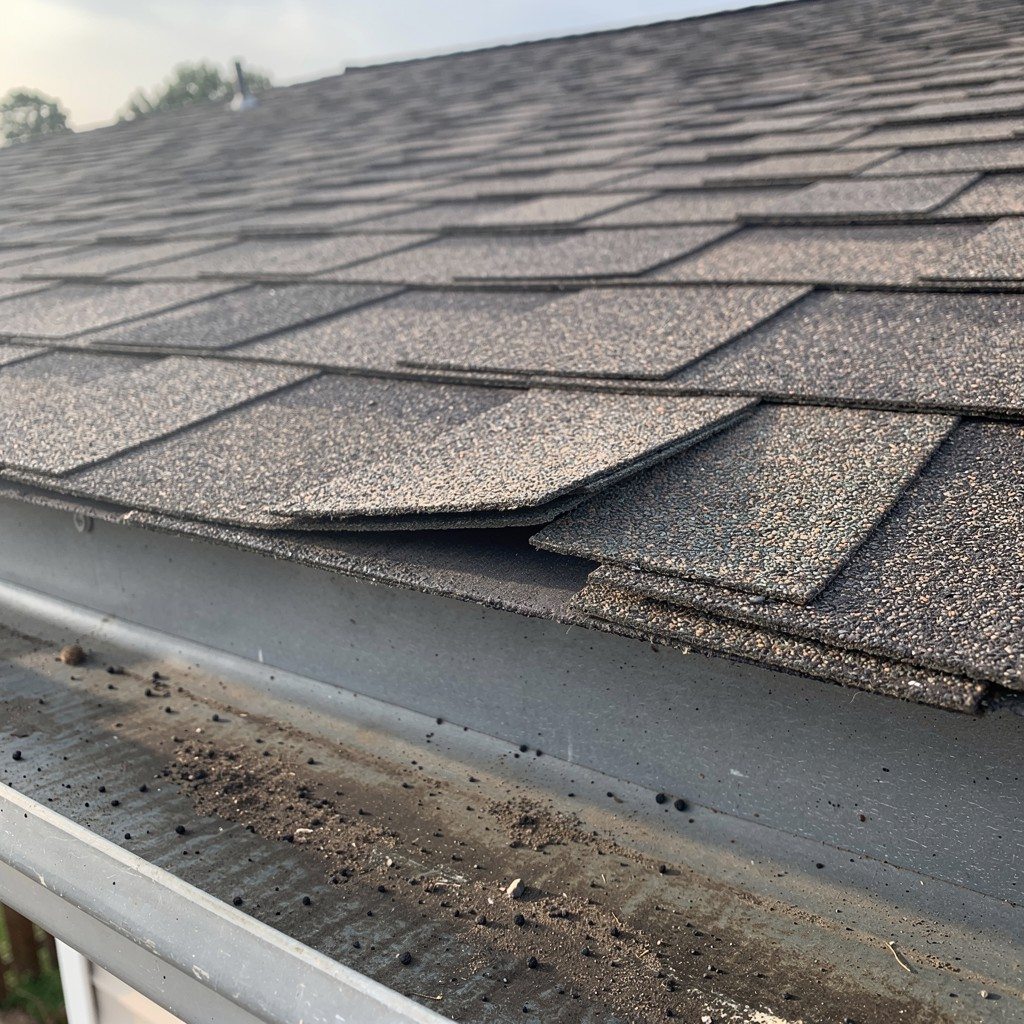 Close view of a lifted asphalt shingle tab near a roof edge after recent storms