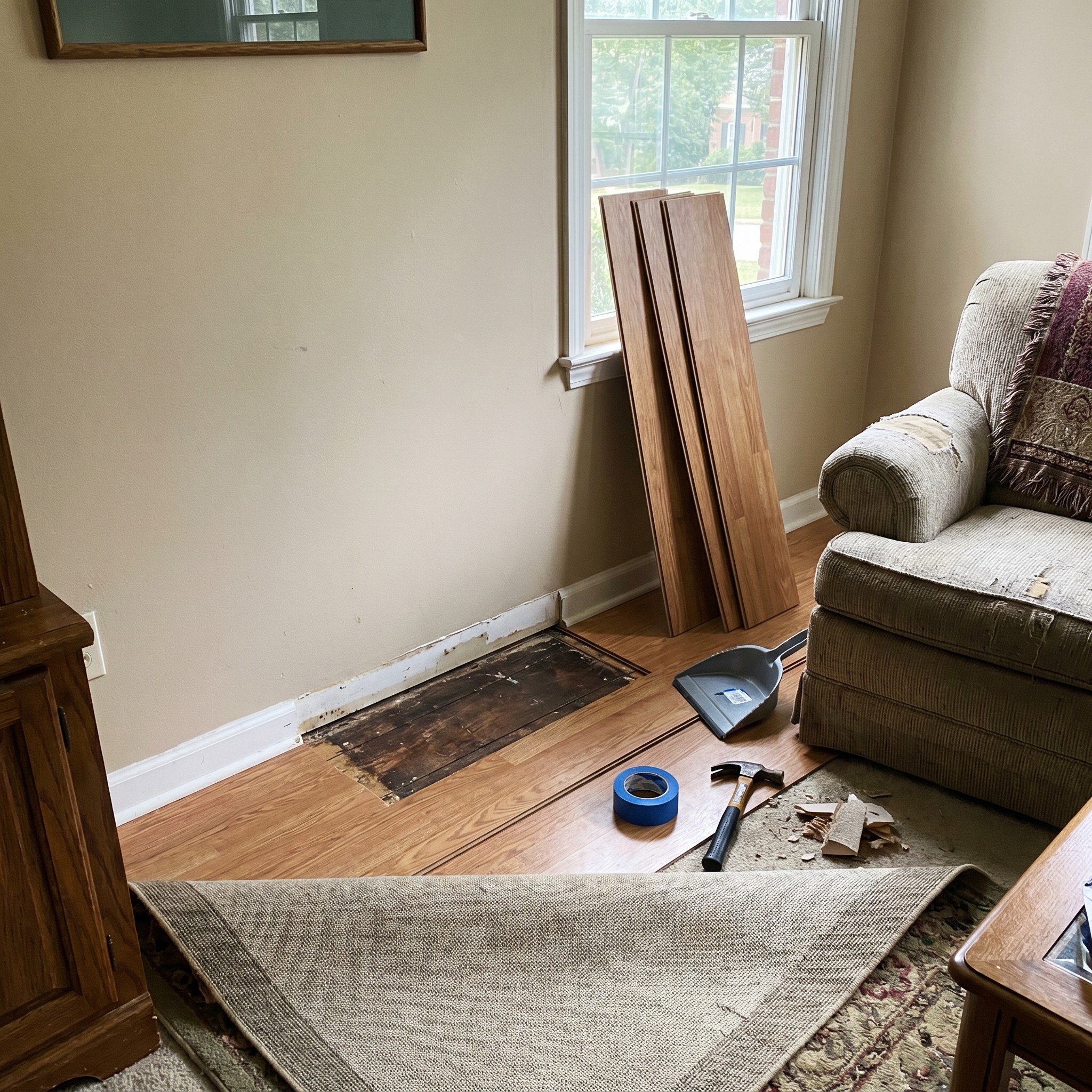 Interior repair area with removed baseboard and replacement flooring planks after property damage repairs started
