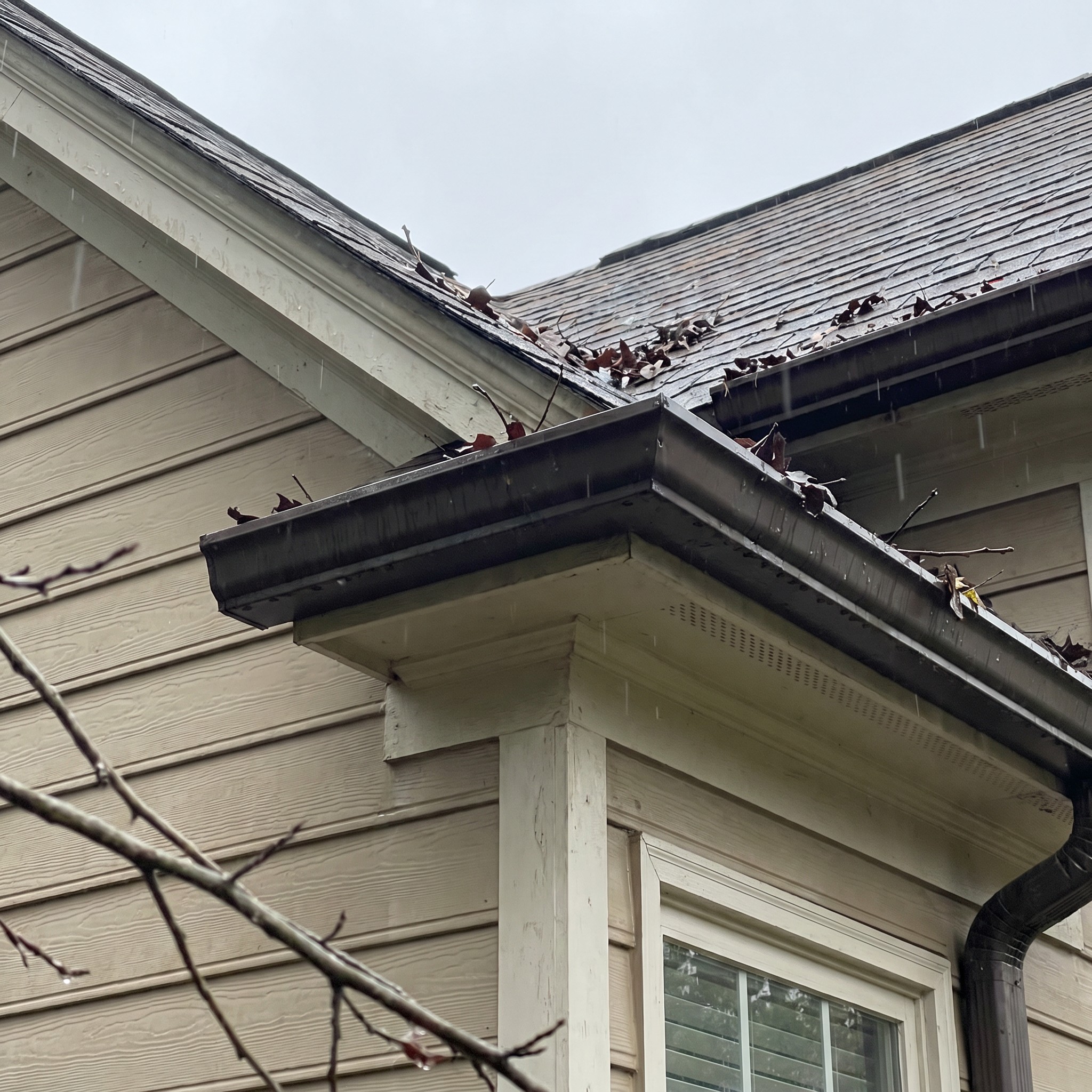 Rain on a roof edge and gutter after recent storms