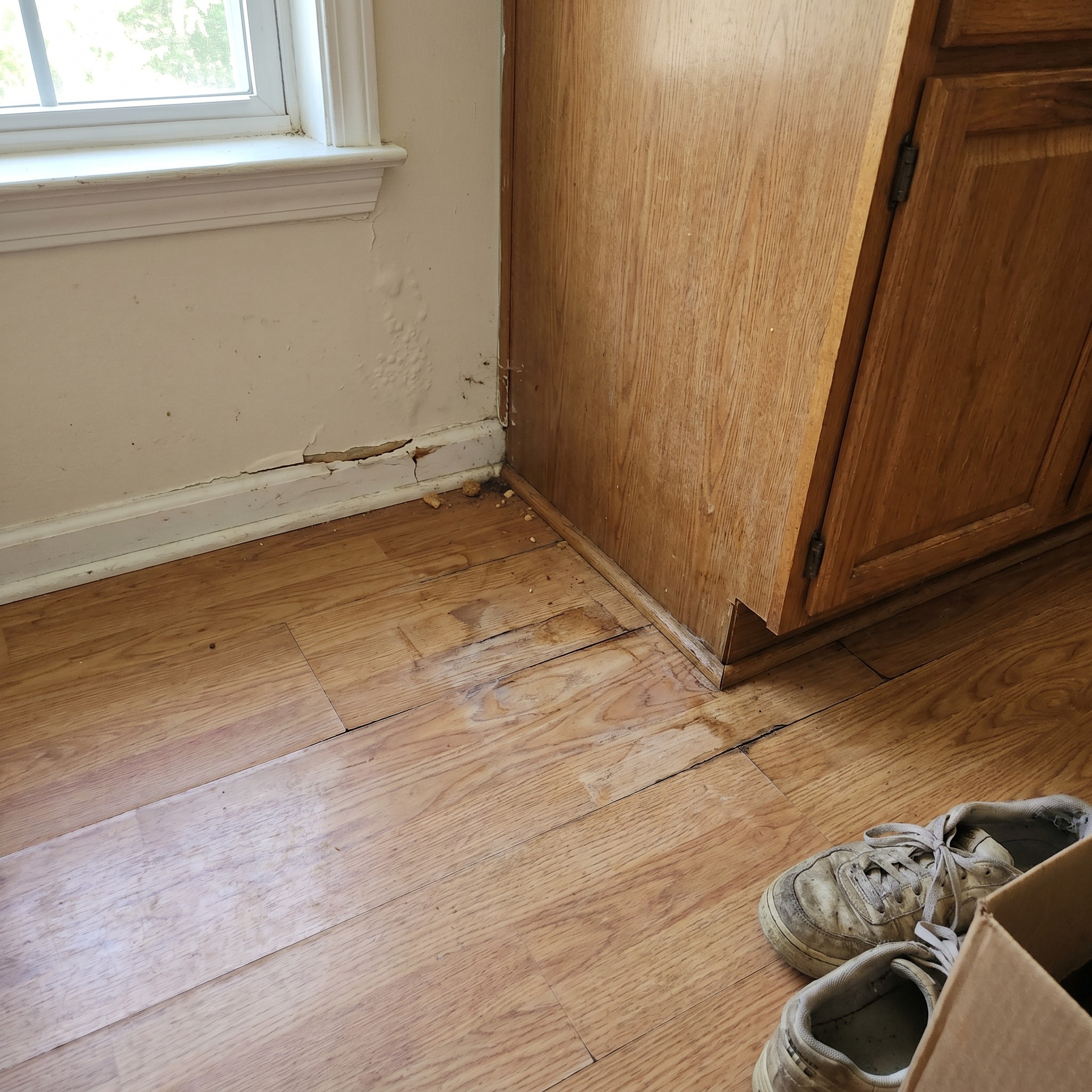Water-damaged flooring and baseboard beside connected kitchen cabinet materials
