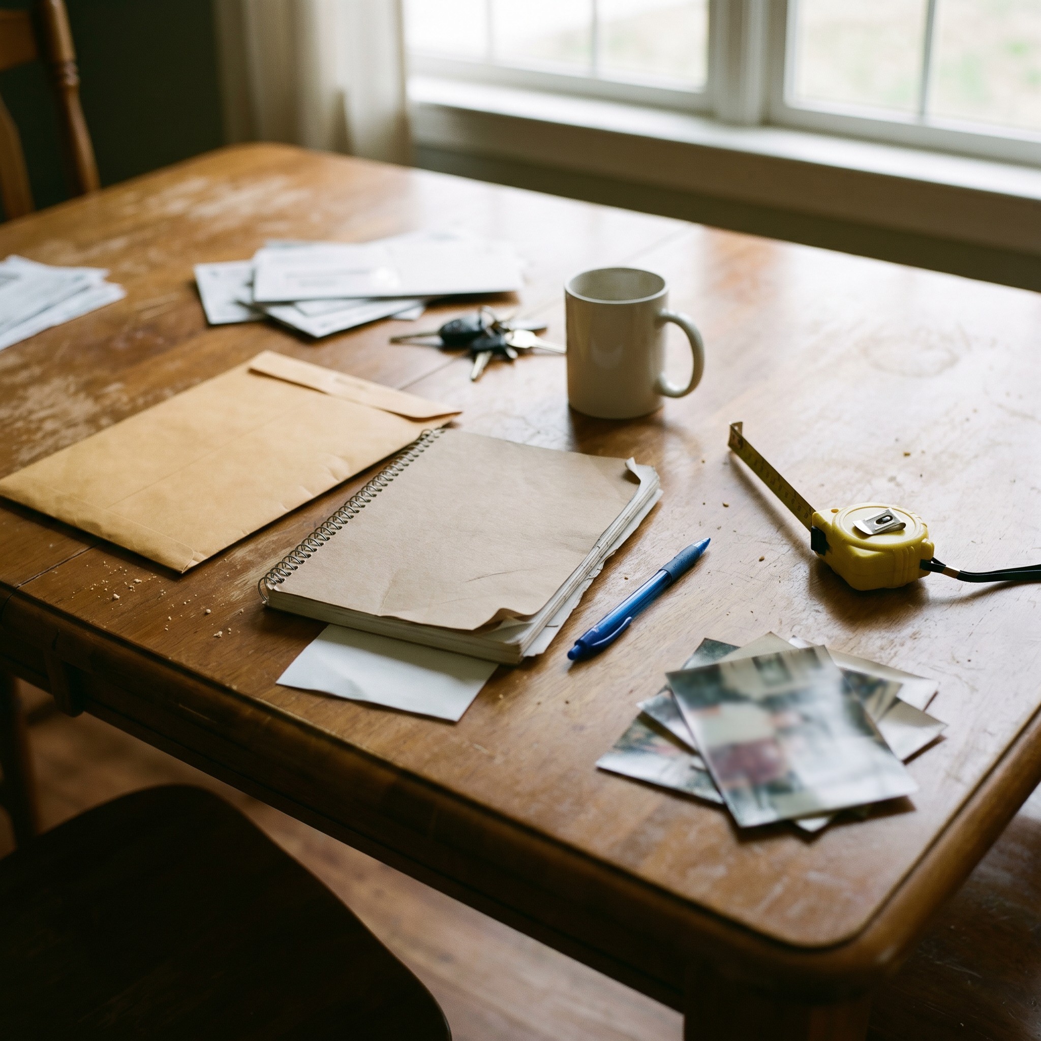 Kitchen table with non-readable claim letter, notebook, pen, tape measure, and blurred repair documentation photos