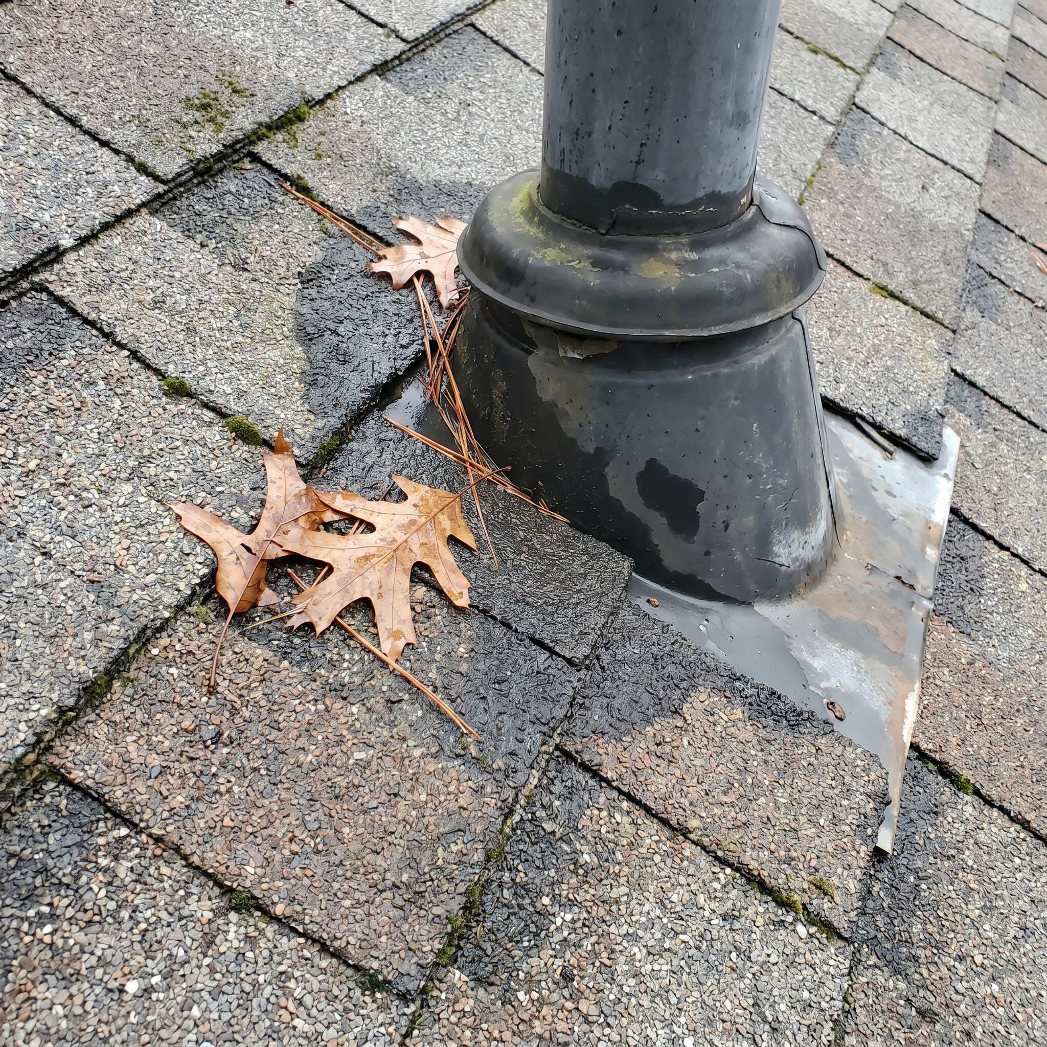 Roof pipe boot and flashing area after rain on a Georgia home