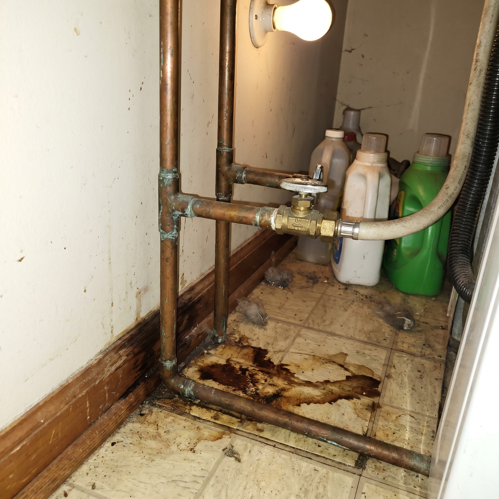 Candid utility closet plumbing documentation photo showing older pipes and water staining.