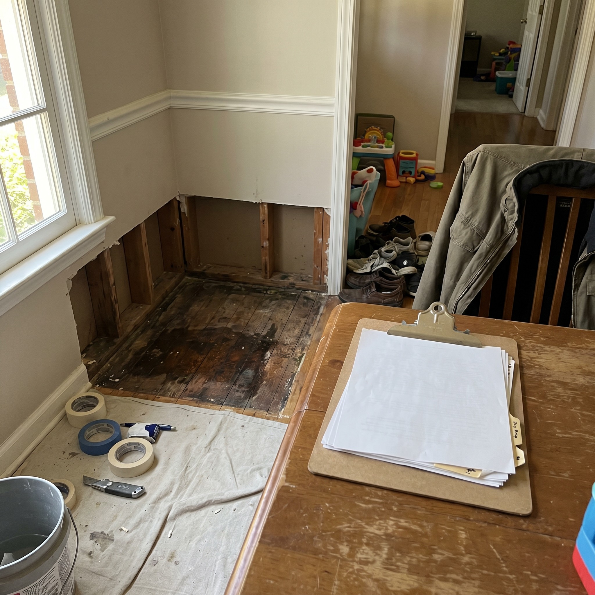 Normal home repair documentation scene with opened lower wall, removed baseboard, exposed subfloor, and non-readable claim paperwork before cleanup