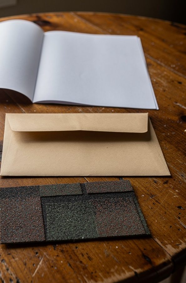 Blank claim papers, a plain envelope, and asphalt shingle samples on a wood table