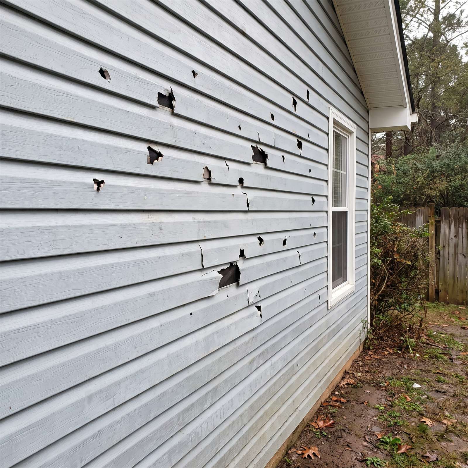 Hail impact punctures and cracks across vinyl siding on a residential house
