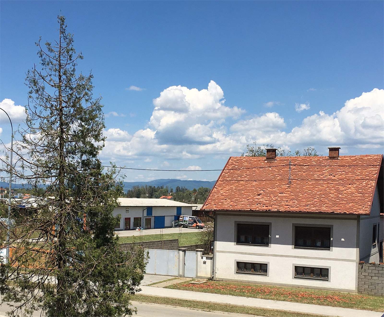 Hail-damaged residential clay tile roof with broken tiles and a nearby damaged tree