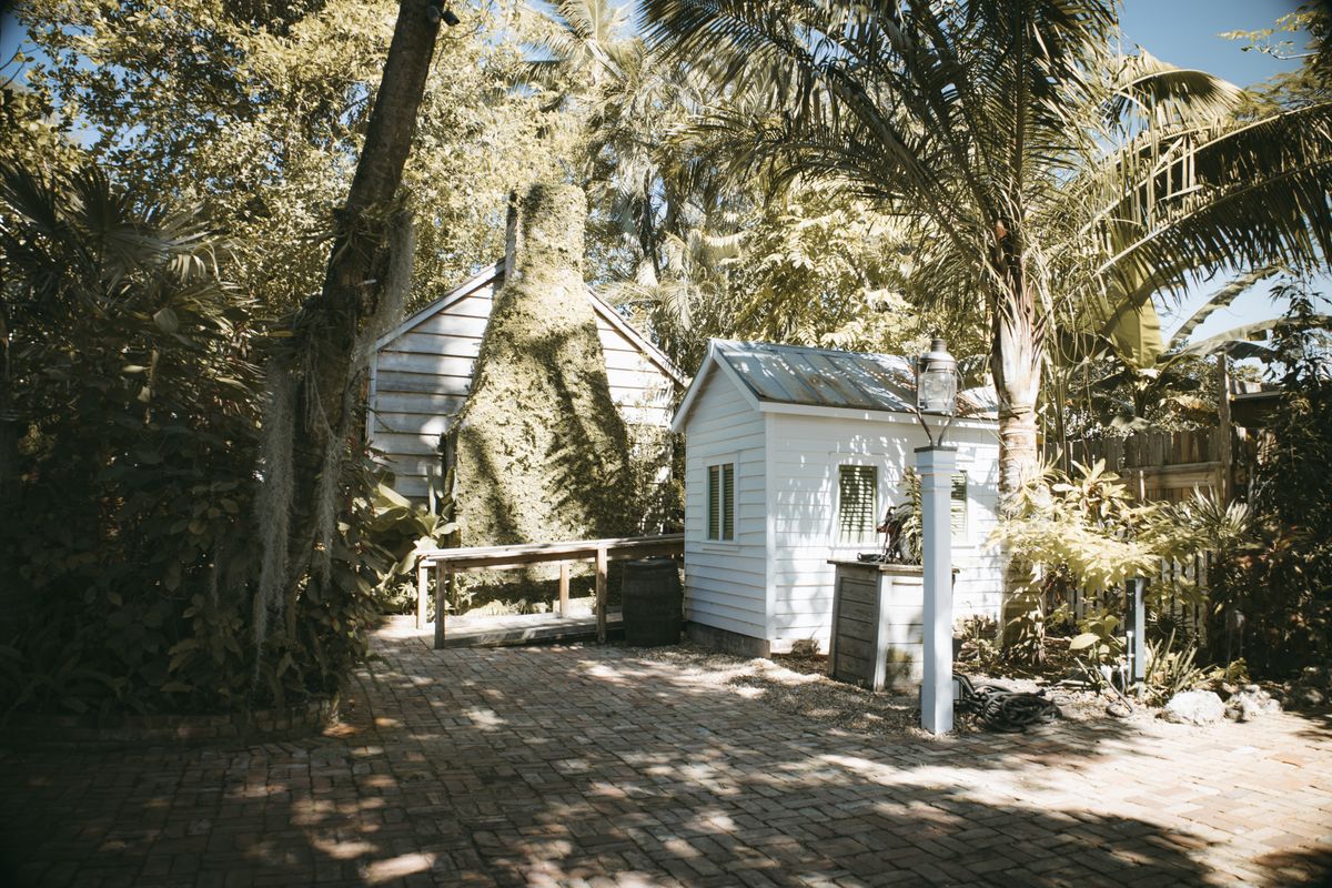 Detached backyard shed with shingle roof, wall cladding, trim, and open door